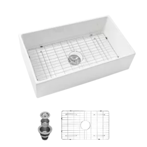 33 White Farmhouse Sink - 33 Inch Kitchen Sink White Undermount Single Bowl Apron Front Ceremic Sink Farm Style Drain Asseblemly and Bottom Grate 33x18x10 Inch