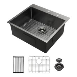 25x22 inch Drop in Kitchen Sink Gunmetal Black Topmount 16 Gauge Deep Single Bowl Stainless Steel Sink Basin