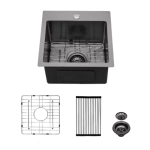15*15*9 inch Drop in Kitchen Sink Gunmetal Black Topmount 16 Gauge Deep Single Bowl Stainless Steel Sink Basin