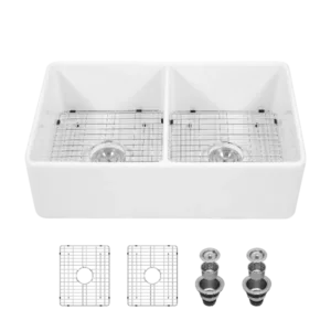 White Farmhouse Sink - 33 inch White Ceramic Double Bowl Farm Kitchen Sink