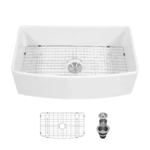 White Farmhouse Sink - 33 inch White Kitchen Sink Ceramic Arch Edge Apron Front Single Bowl Farm Kitchen Sinks