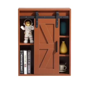 Wood wall-mounted storage cabinet, 5-layer toilet bathroom storage cabinet, multifunctional cabinet with adjustable door, chocolate brown