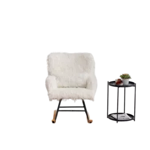 Metal Frame Faux Fur White Rocking Chair of Wooden  Legs Ideal for Living Room & Bedroom