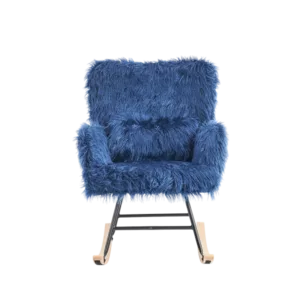 Metal Frame Faux Fur Blue Rocking Chair of Wooden  Legs Ideal for Living Room & Bedroom