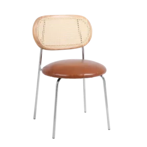 Modern Brown Set of 2 Industrial Upholstered Dining Chairs of Rattan Backrest With Metal Frame And Legs