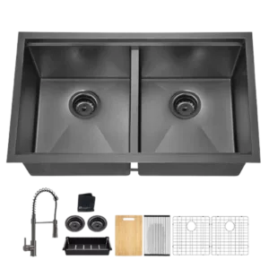 All In One  33x19Inch Undermount Gunmetal Black Double Bowl  Kitchen Sink 18 Guage Stainless Steel With Faucet