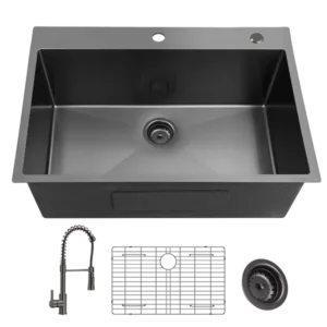 33Inch Topmount 18 Gauge Stainless Steel kitchen Sink With  Black Spring Neck Faucet