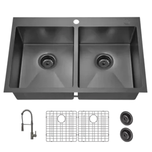 33x22Inch Double Bowl Topmount Gunmetal Black Kitchen Sink 18 Gauge Stainless Steel  With Black Spring Neck Faucet