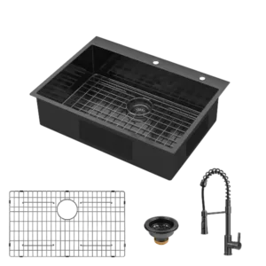 30x22Inch Topmount Gunmetal Black 18 Gauge Stainless Steel  Single Bowl Kitchen Sink With Faucet