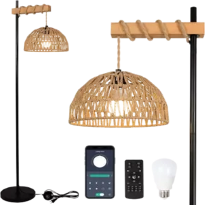 65.01 in. Brown 1-Light Lantern Smart Floor Lamp with Remote Control in Brown