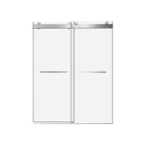 60 in. W x 76 in. H Sliding Frameless Shower Door in Brushed Nickel with 3/8 in. (10 mm) Clear Glass With Buffer