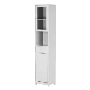 Modern Tower Tall Storage Cabinet with Doors & Wooden Floor Drawer in White