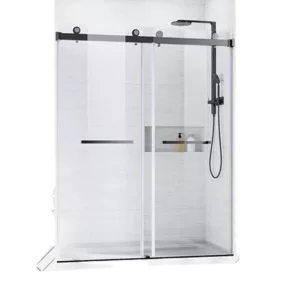 Black Shower Door Glass Frameless Sliding Shower Door 56-60 in.W x 76 in. H,3/8(10mm) Thick Clear Tempered Glass,Heavy Duty Stainless Steel Hardwares,Bypass Shower Enclosure