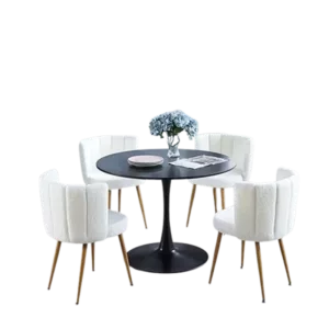 Modern White 5 Pieces Round Dining Table set With 4 Fabric Upholstered Dining Chair with Backrest And Metal Legs For Living Room,Dining Room