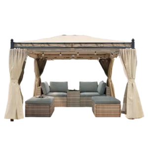 Width Outdoor Patio with Mosquito nets and Polyester Curtains, Double Roofs in Beige Color