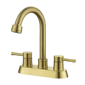 2-Handle High Arc Bathroom Faucet with Copper Pop-Up Drain in Brushed Gold