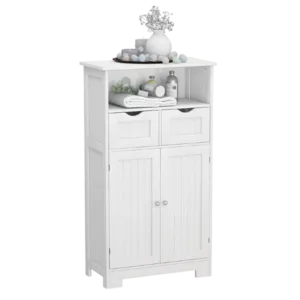 Classic White Wooden Bathroom Cabinet with Adjustable Shelf, 2 drawers and 2 doors