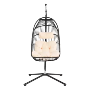 1-Person Black Wicker Patio Swing Folding Egg Chair with Beige Cushions