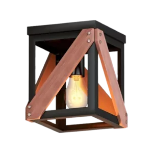 Rustic Industrial 1-Light Ceiling Fixture: Metal & Wood Cage Design for Hallway, Kitchen, Entryway – Black For Indoor