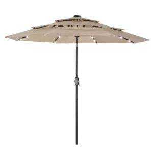 Market Outdoor Patio Umbrella with 32 LED Lights and Push Button Tilt And Crank Table in Beige Color