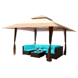 Pop Up Gazebo Canopy With Corner Curtain, Suitable For Backyard in Coffee Color