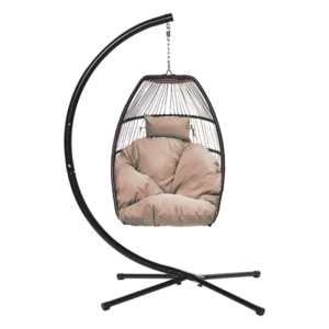 1-Seat Foldable Black Wicker Outdoor Patio Hanging Egg Chair with Brown Cushions and Headrest