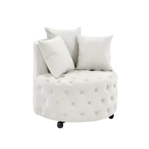 Modern Beige Velvet Upholstered Swivel Chair with Button Tufted Design and Moveable Wheels for Living Room, Including 3 Pillows.