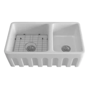 White Ceramic 33 in. Double Bowl Farmhouse Apron Kitchen Sink with Grid and Strainer