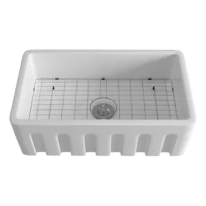 White Ceramic Single Bowl Farmhouse Apron Kitchen Sink with Grid and Strainer