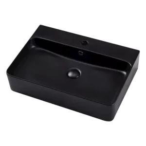 Ceramic Rectangle Vessel Sink with Overflow and Pop-Up Drain in Black