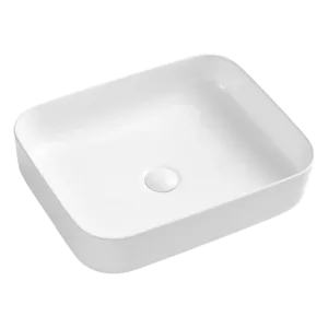 Single Bowl White Ceramic Rectangular Bathroom Vessel Sink with Pop Up Drain