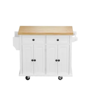 Kitchen Island Cart with Two Storage Cabinets and Two Locking Wheels,43.31 Inch Width,4 Door Cabinet and Two Drawers,Spice Rack, Towel Rack(White)