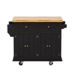 Kitchen Island Cart with Two Storage Cabinets and Two Locking Wheels,43.31 Inch Width,4 Door Cabinet and Two Drawers,Spice Rack, Towel Rack(Black)