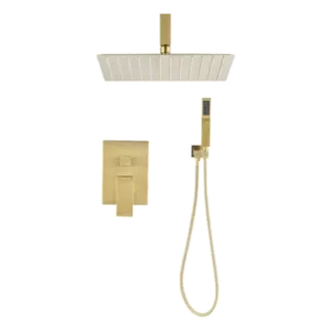 Ceiling Mounted Rectangular Brass Shower System with Handheld and 10"Shower head in Gold Color