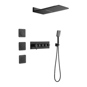 Wall Mounted Matte Black Waterfall Rain Shower System With 3 Body Sprays & Handheld Shower
