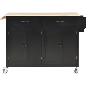 Kitchen Island Cart with Solid Wood Top and Locking Wheels,54.3 Inch Width,4 Door Cabinet and Two Drawers,Spice Rack, Towel Rack (Black)
