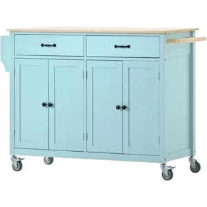 Kitchen Island Cart with 4 Door Cabinet and Two Drawers and 2 Locking Wheels - Solid Wood Top, Adjustable Shelves, Spice & Towel Rack(Mint Green)