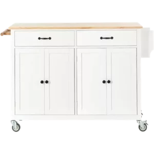 Kitchen Island Cart with Solid Wood Top and Locking Wheels,54.3 Inch Width,4 Door Cabinet and Two Drawers,Spice Rack, Towel Rack (White)
