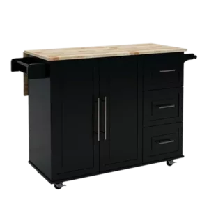 Kitchen Island with Spice Rack, Towel Rack and Extensible Solid Wood Table Top-Black