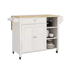 Double Door Kitchen Island with Lockable Wheels, Towel Rack, Storage Drawer and Three Open Shelves-White