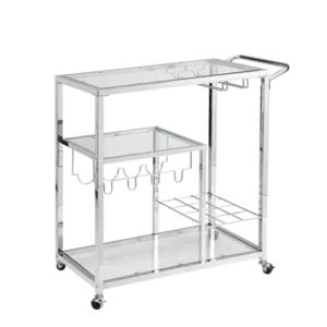 Contemporary Chrome Bar Serving Cart Tempered Glass Metal Frame Wine Storage (Silver)