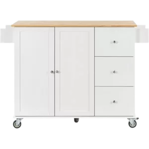 Rolling Mobile Kitchen Island with Solid Wood Top and Locking Wheels,52.7 Inch Width,Storage Cabinet and Drop Leaf Breakfast Bar,Spice Rack, Towel Rack & Drawer (White)