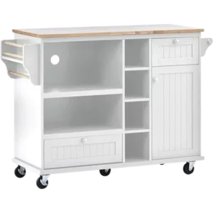 Kitchen Island Cart with Storage Cabinet and Two Locking Wheels,Solid wood desktop,Microwave cabinet,Floor Standing Buffet Server Sideboard for Kitchen Room,Dining Room,, Bathroom(White)
