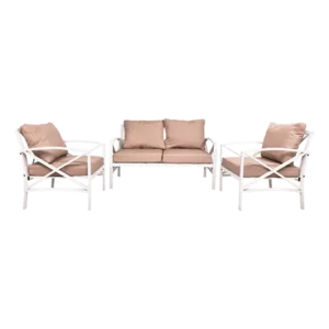 3 Piece Garden Outdoor Contemporary Couch with White Metal  Frame and Beige Cushions