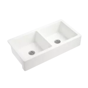 34 in. Double Bowl Apron Front Kitchen Sink in White with Grid and Strainer