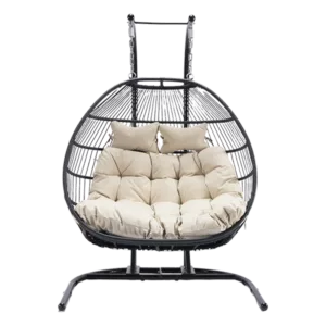 Double-Seat Folding Hanging Swing Chair with Stand and Cushion in White