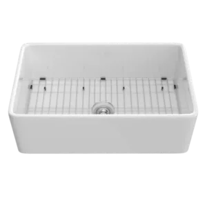 33  Inch Fireclay Farmhouse Kitchen Sink White Single Bowl Apron Front Kitchen Sink, Bottom Grid and Kitchen Sink Drain Included