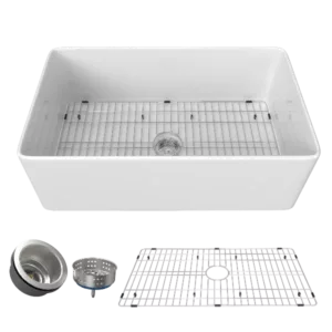 36 Inch Fireclay Farmhouse Kitchen Sink White Single Bowl Apron Front Kitchen Sink, Bottom Grid and Kitchen Sink Drain Included