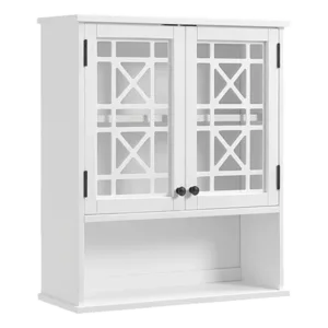 27"W x 29"H Wooden Wall Mounted Bath Storage Cabinet with Glass Cabinet Doors and Shelf in White Color
