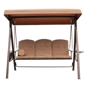 3-Person Outdoor Patio Swing Chair with Cup Holder and Adjustable Canopy in Beige Color